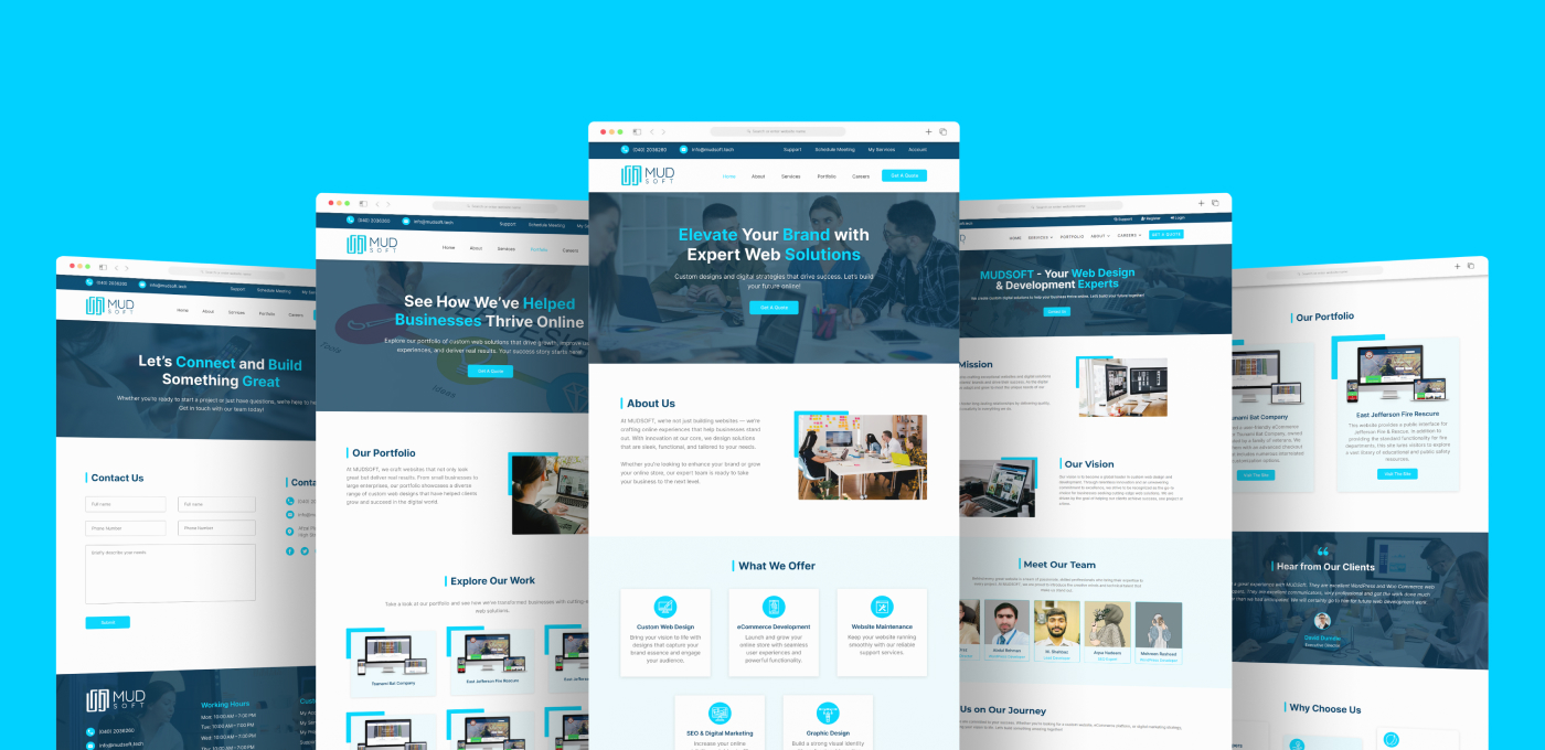 Website pages UI design for MudSoft’s web design agency with clear structure and responsive layout