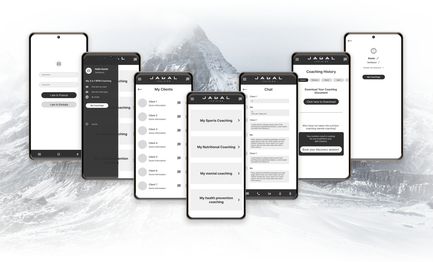 wireframes for fitness coaching app