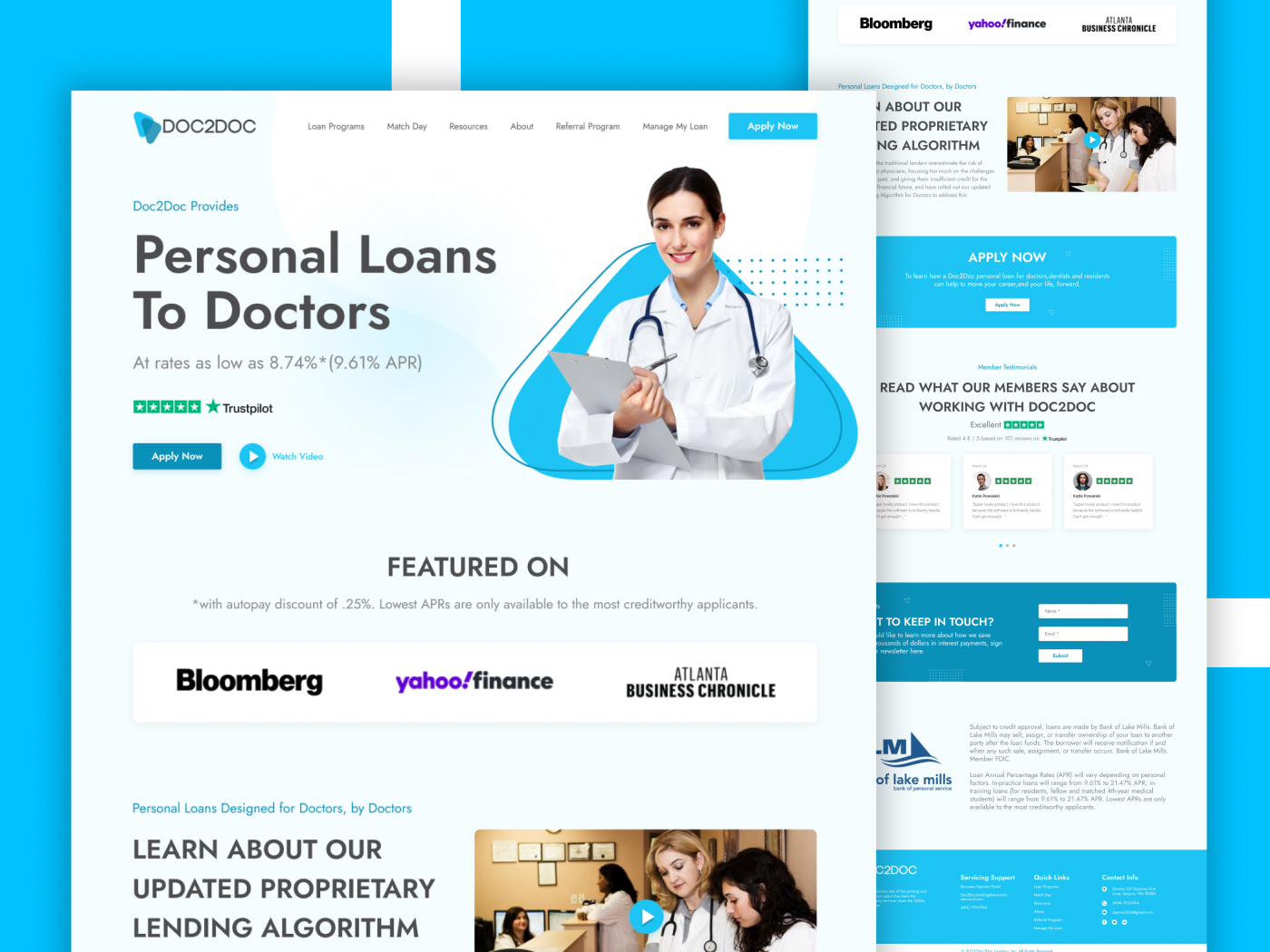 Homepage for fintech UI design, doctor loan website, healthcare finance UX, personal loan platform, medical professional UI, responsive lending website,  financial service design, Medical and health care