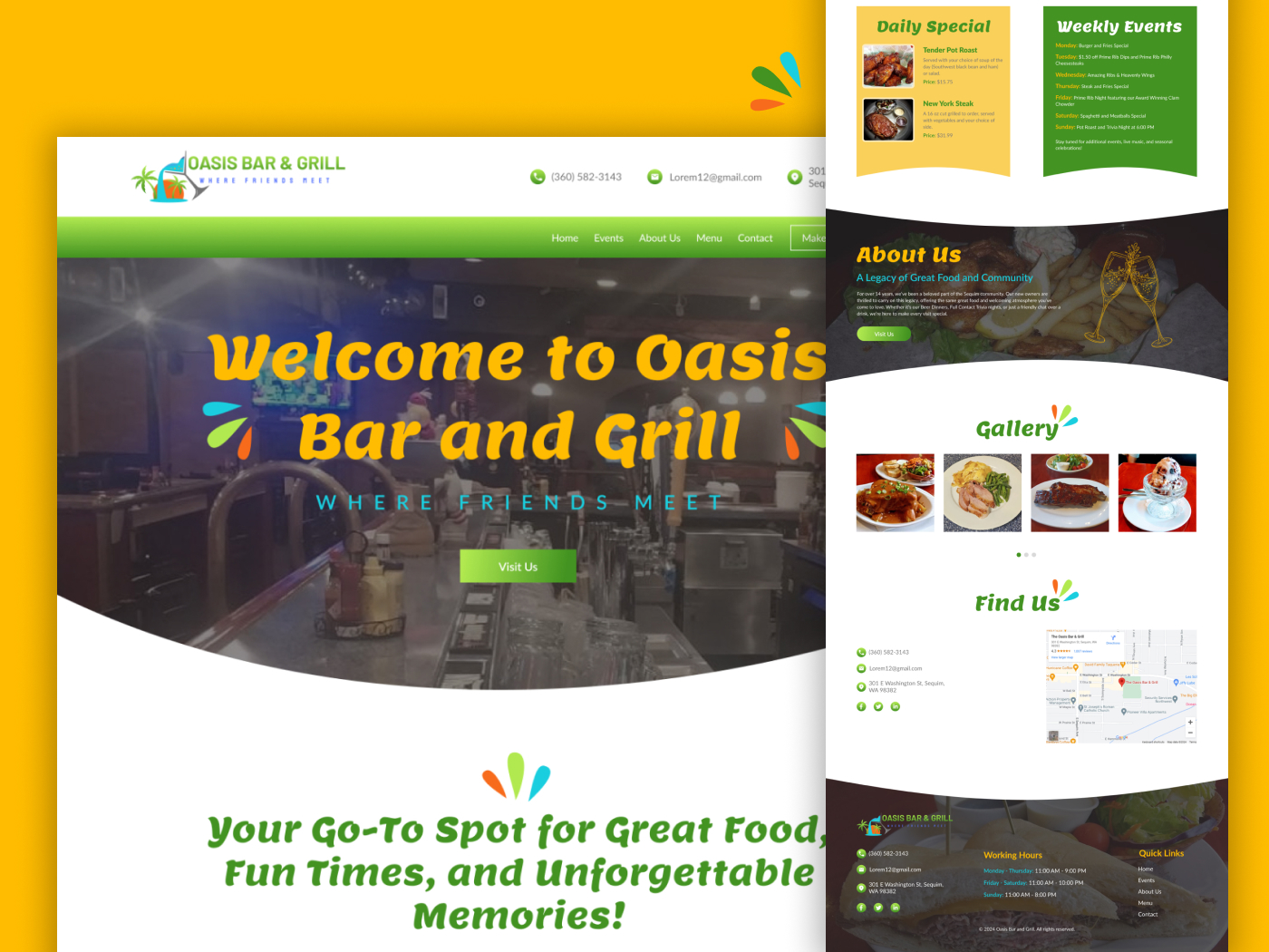 homepage for restaurant website design, bar and grill branding, UI UX for hospitality, daily specials integration, restaurant site
