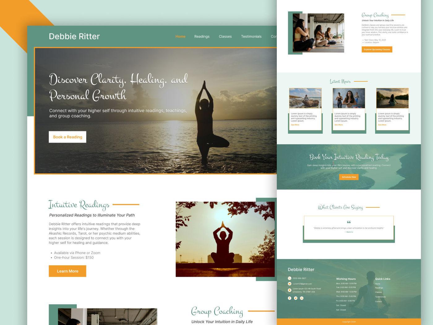intuitive healer website, psychic reading website design, spiritual web design, wellness coach UI,  spiritual site, tarot reading landing page, healer booking website, calming UI design, health, wellness
